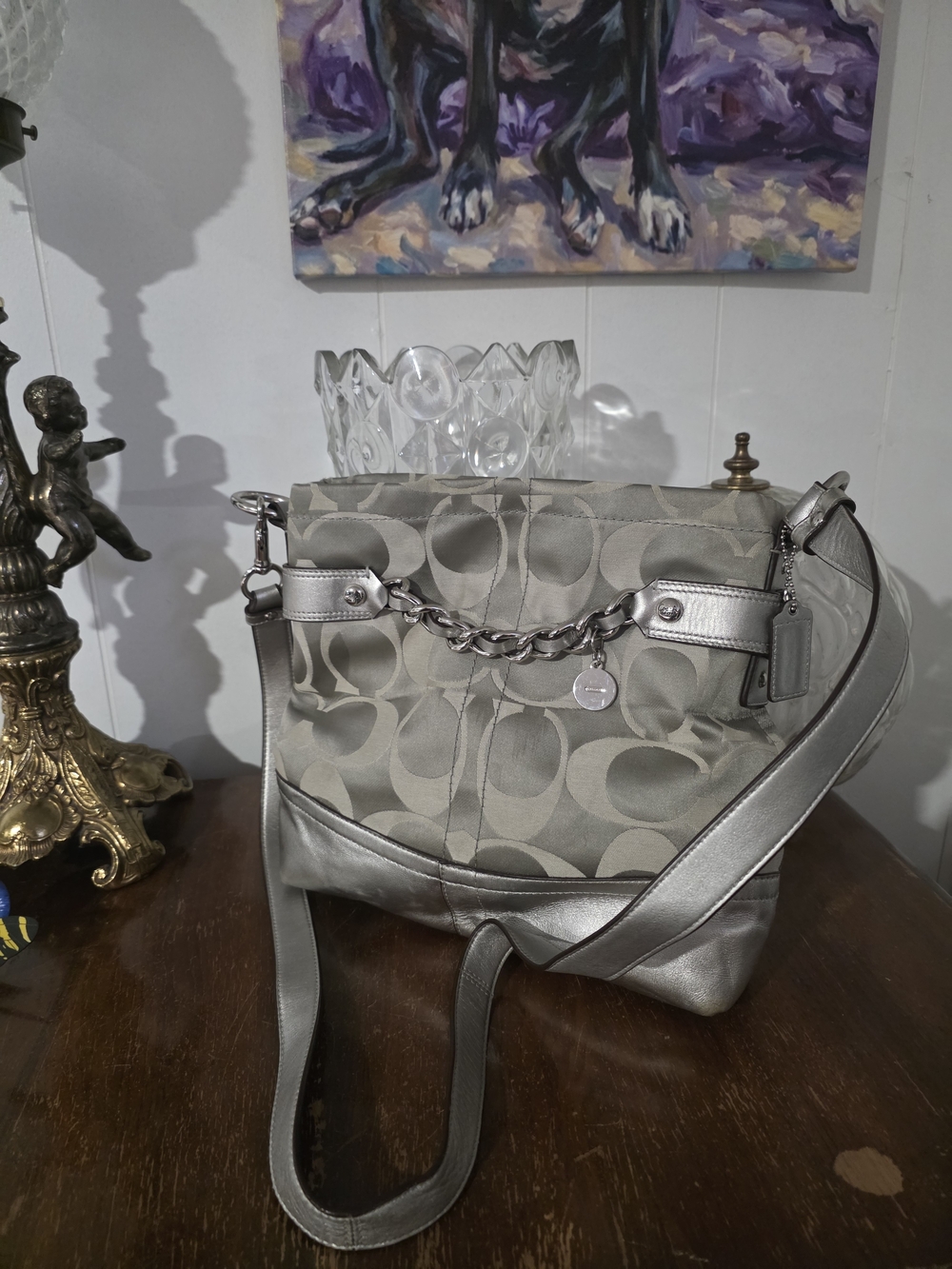 Coach Silver Signature Tote Bag with Chain Accent